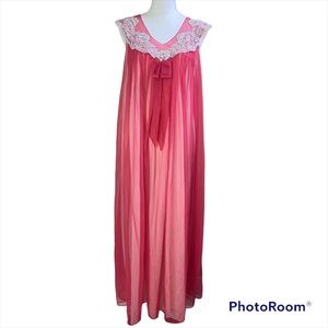 Vintage Nightgown Red White Nylon Layered Long Lace Trim Medium
